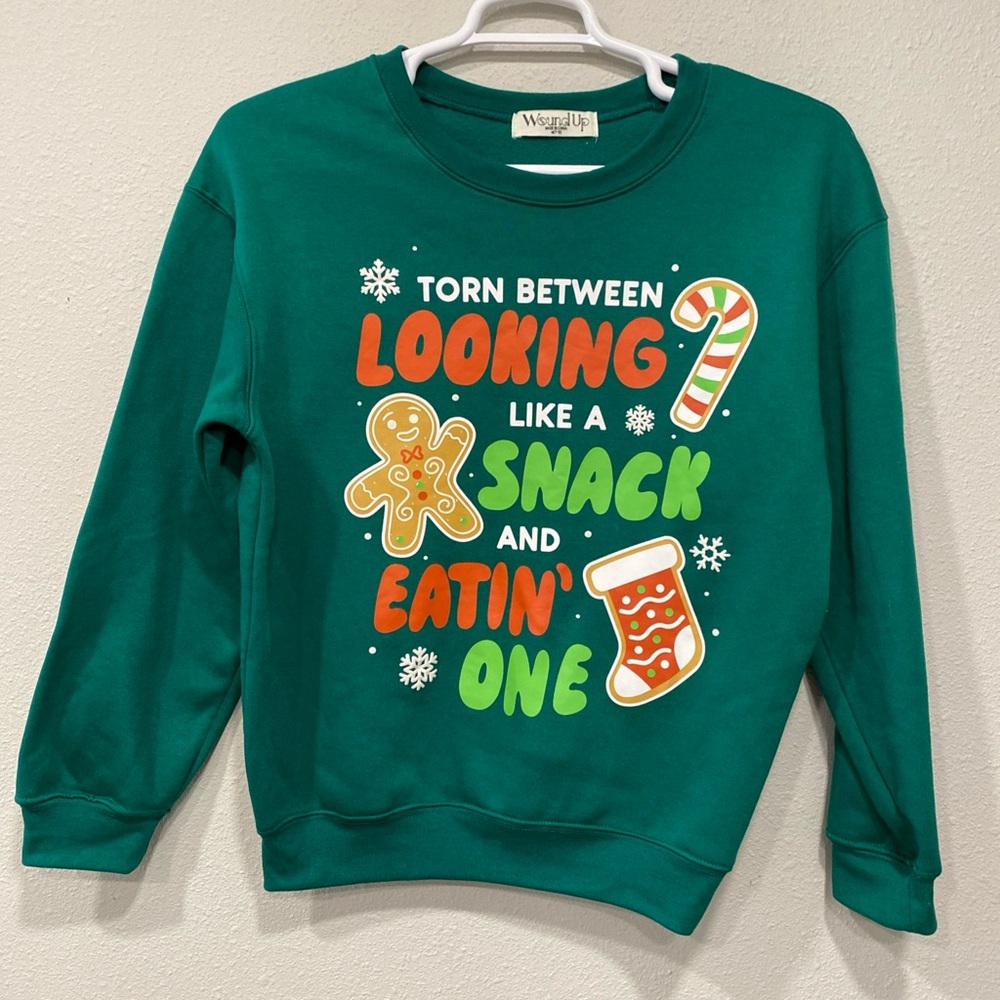 Wound Up Humorous Ugly Christmas Sweater Green Gingerbread Boy size M 7-9
